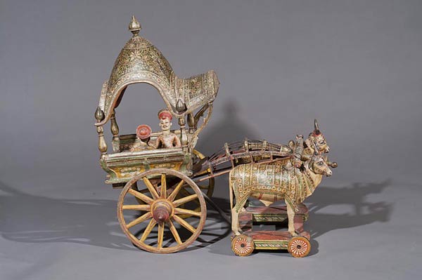 Bullock Cart with Two Noblemen Seated, Anonymous Indian Artist, Gujarat, Northern India, Mid 19th century, Polychrome wood & metal, 55 cms