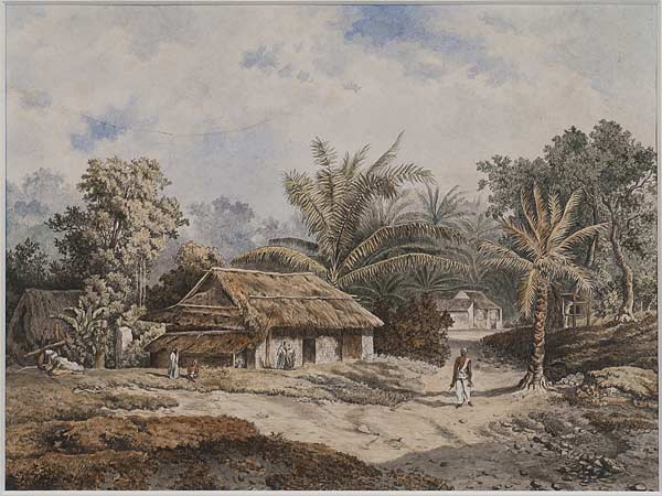 A Palm Grove in a Singhalese Village, Hermann Schlagintweit, Mid 19th century, Pen, black & brown ink & watercolour on paper, 21 x 28.5 cms