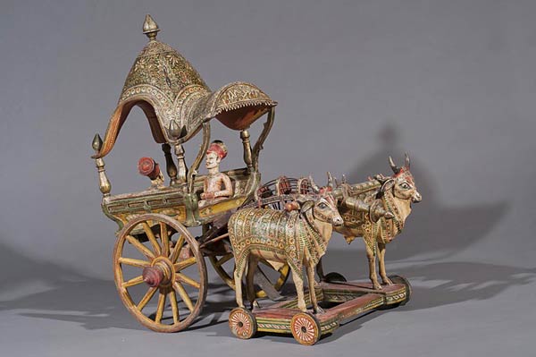 Bullock Cart with Two Noblemen Seated, Anonymous Indian Artist, Gujarat, Northern India, Mid 19th century, Polychrome wood & metal, 55 cms