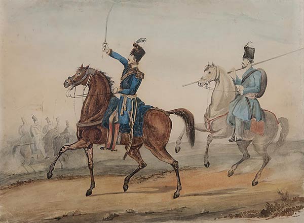 Anonymous English Artist, Officers of the Bangal Light Cavalry with his syce, or groomsman, 26 x 36 cms