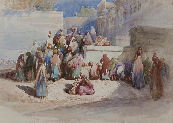 Women at a Well, Anonymous Artist, Watercolour, 19th century