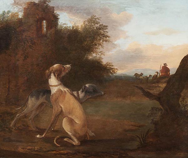 Whippets with Huntsman, Adriaen Cornelisz Beeldmaker (1625 - 1701), Oil on canvas, 38 x 46 cms