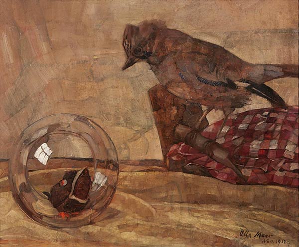 A Jay Watching a Frog in a Witch's Ball, Ulla Marx, 1912, Oil on canvas, 37 x 46 cms