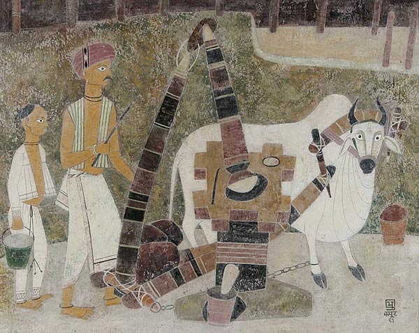 Rural Scene, Bhagwan Singh, Rural Scene, Mixed media on paper, 50 x 60 cms