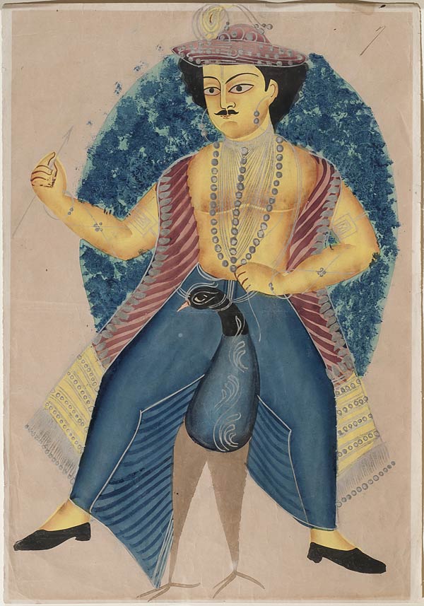 Karttikeya Riding a Peacock, Kalighat Painting, 19th century, Watercolour on paper