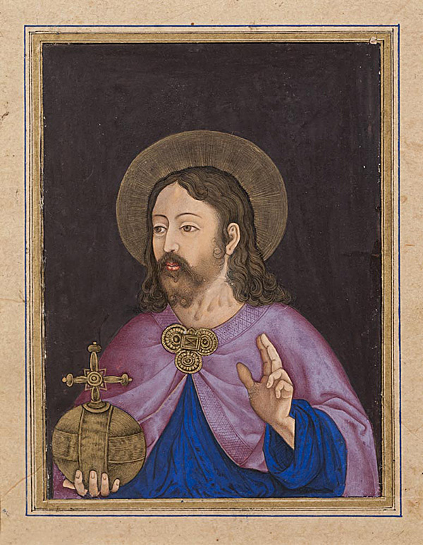 Salvator Mundi - Christ as Saviour of the World, Mughal, Gouache with gold paper, Miniature 8.8 x 6.5 cms, 1602 - 1605